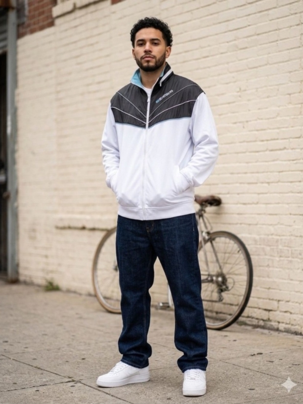 Ecko White & Black Zip-Up Track Jacket with Accent Blue Collar. Size L